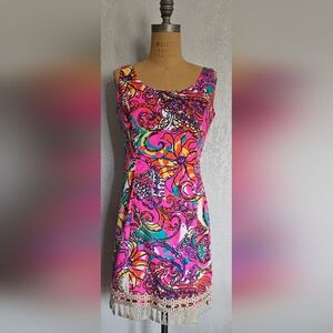 Lilly Pulitzer Eaton  Shift  Dress Sea And To Seen with Gold Tassel Hem